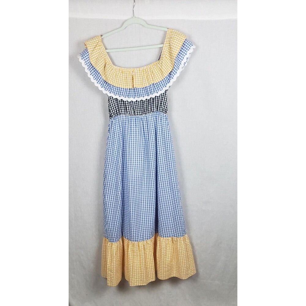 Gingham Maxi Dress M Colorblock Off Shoulder‎ Scallop Ruffle Flowy Summer Casual